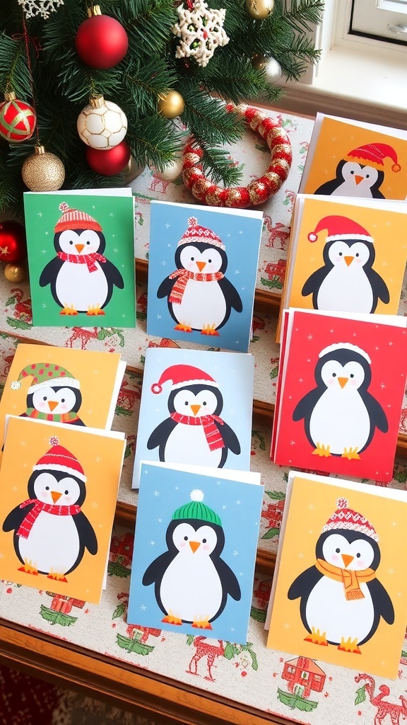 A variety of penguin Christmas cards with colorful designs on a festive table.